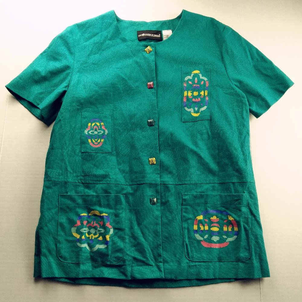 SAG HARBOR Womens Button Front Shirt Size 8 Teal Linen Blend Abstract Print VTG